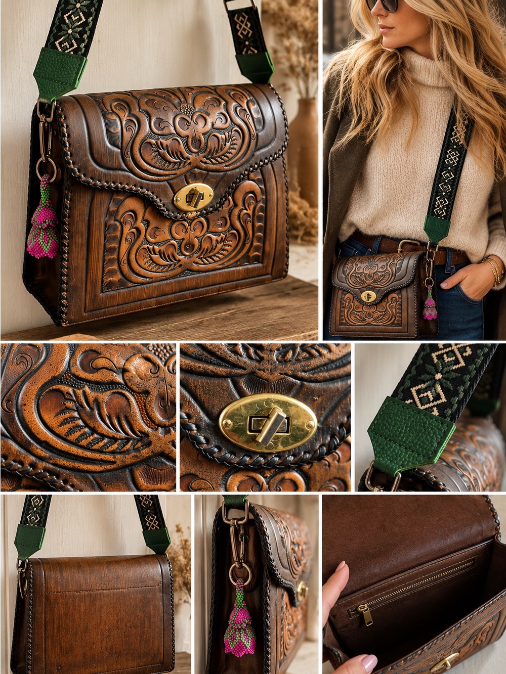 Hand Tooled Genuine Leather Crossbody Bag | Artisan Boho Shoulder Bag